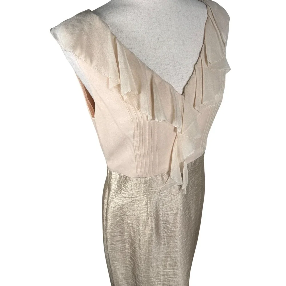 Kay Unger Sheath Dress Womens‎ 8 Gold Silk Ruffle V-Neck Metallic Cocktail Luxe